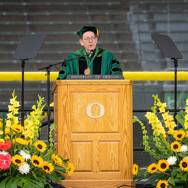 President and Professor of Law Michael H. Schill speaking at the 2022 UO Graduation President and Professor of Law Michael H. Schill speaking at the 2022 UO Graduation