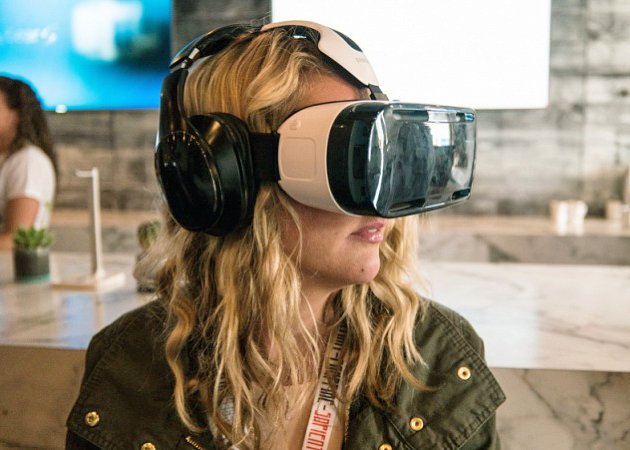 a student wearing VR goggles