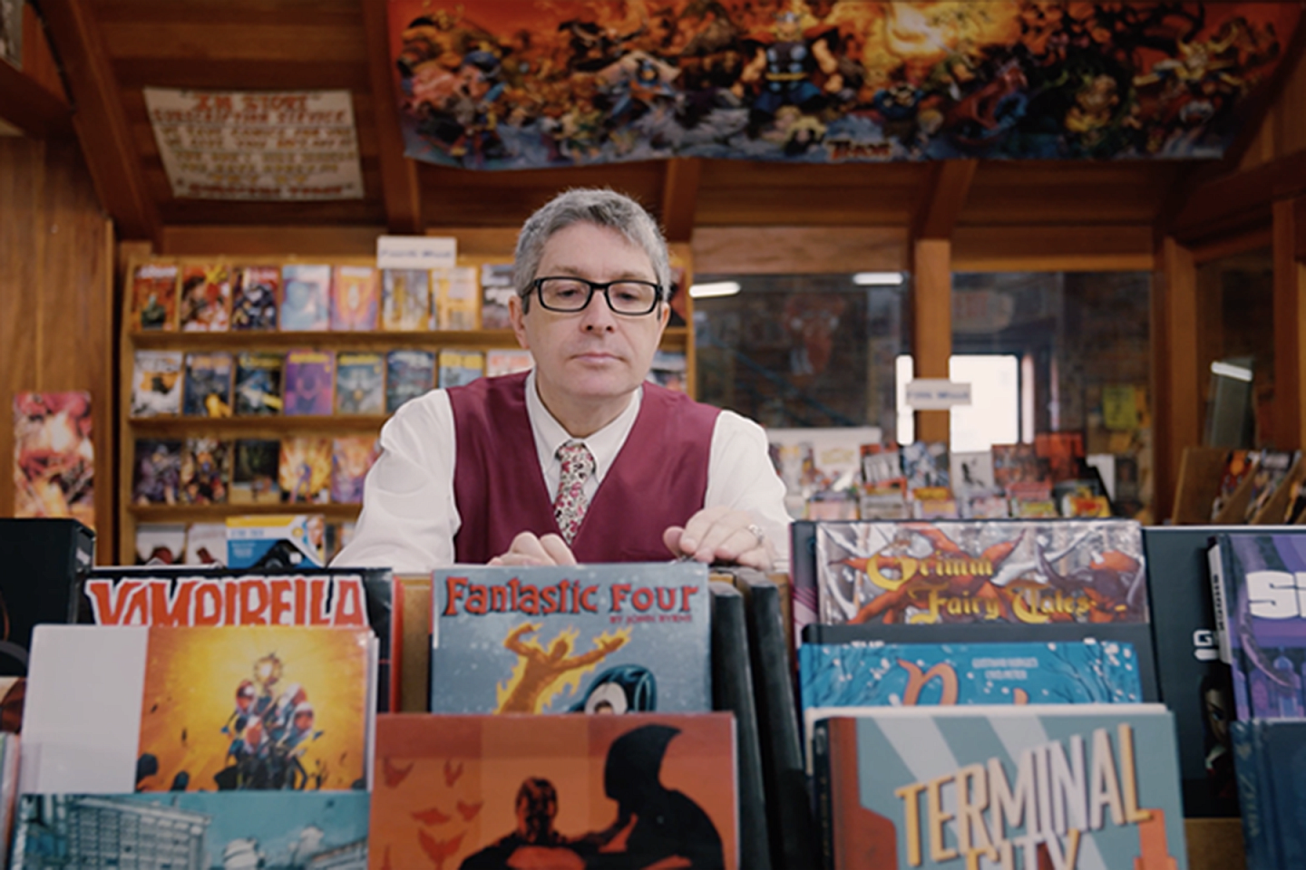 Ben Saunders, professor of English, in comic book shop