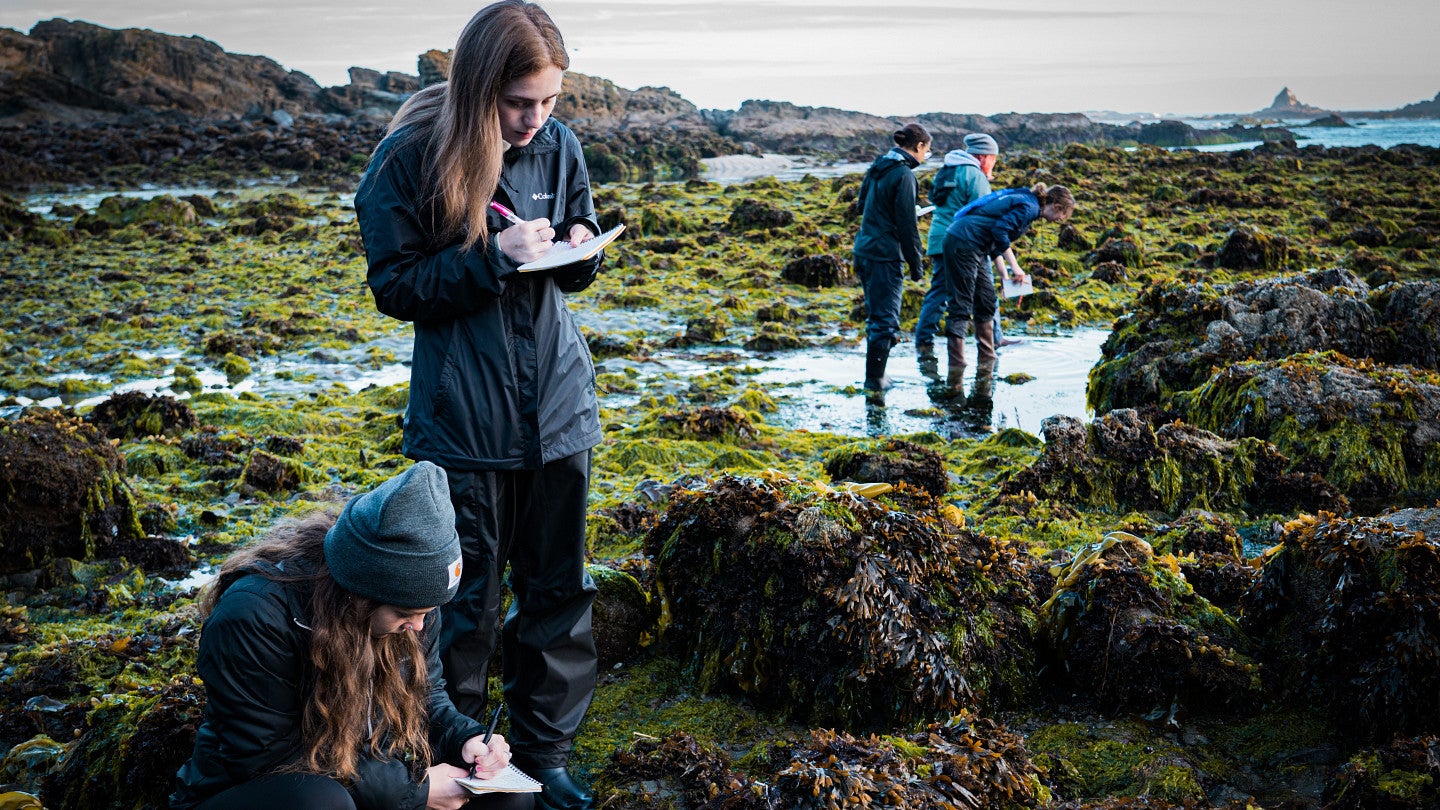 student taking notes by an estuary