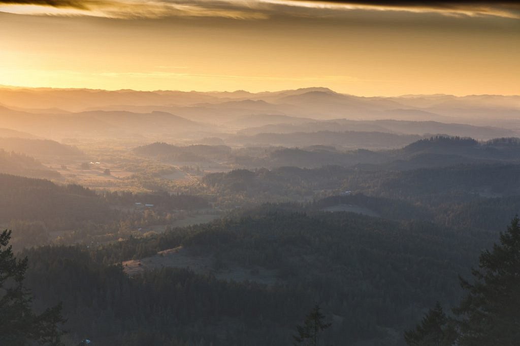 Sunset over a foggy Willamette Valley