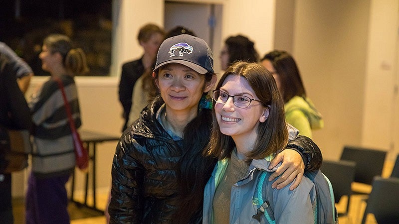 Chloé Zhao poses with a cinema studies student when she was the Harlan J. Strauss visiting filmmaker Chloé Zhao poses with a cinema studies student
