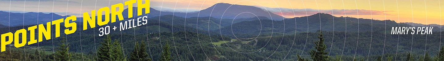 Points north +30 miles text overlaying a mountain landscape