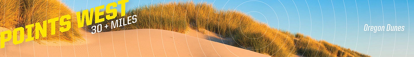Points west +30 miles text overlaying a sand dune landscape