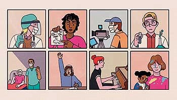 Cartoon graphic of people on a screen doing different things