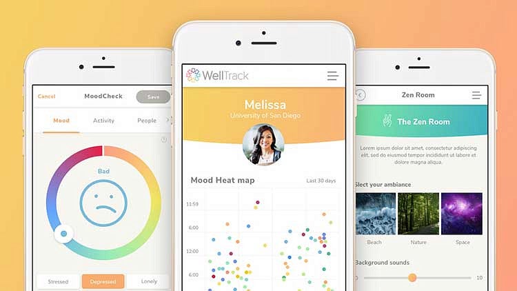 Three mobile phones showing screenshots of the WellTrack app