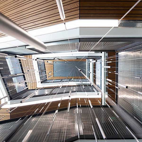 Looking up in the stairwell of Tykeson Hall