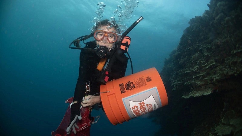  Svetlana Maslakova, a professor at the UO, collects samples in an orange bucket while scuba diving in the ocean