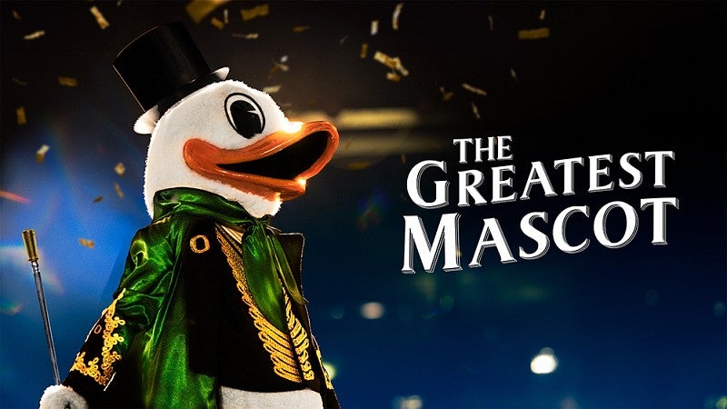 The Oregon Duck dressed up in costume with the text "The Greatest Mascot"