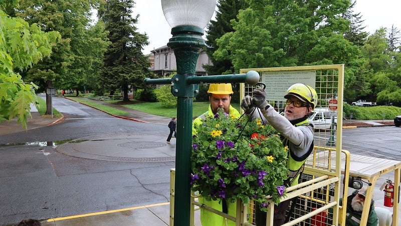 Two men in a cherry picker hang a flower basket from a lamp post