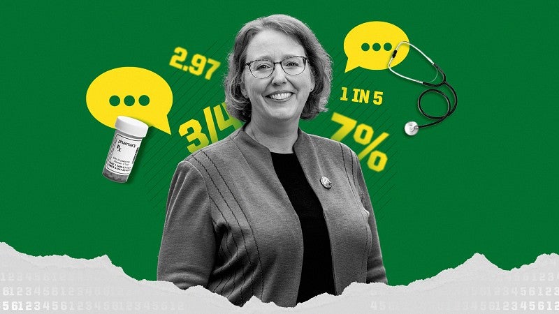Photo of Ellen Peters with statistics icons on a green background
