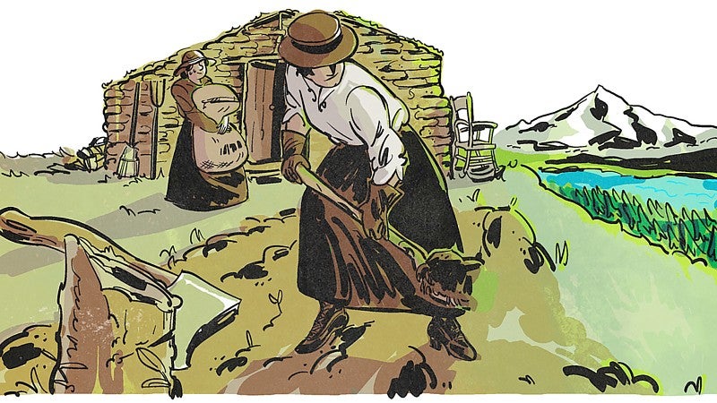Graphic novel illustration of Marie Equi working on a homestead