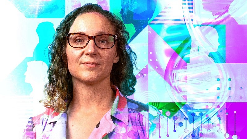 Illustration with photo of Rori Rohlfs with science icons in background