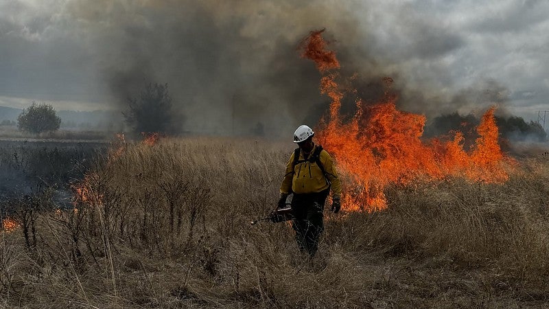 Fire crew patrols edge of a controlled burn