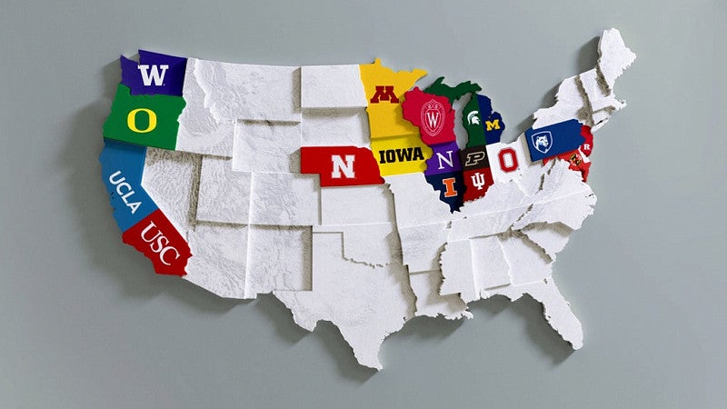 United States map identifying the states where Big Ten schools are located