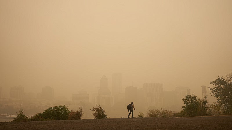 City skyline with smoke-filled air
