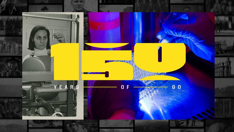 A collage featuring a historic, black-and-white photo of a woman in a lab setting next to a color photo of gloved hands using a pipette in a modern lab setting