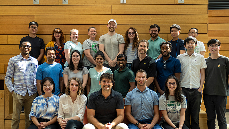 Professor Shannon Boettcher (bottom row, center) at the Lewis Integrative Science Building with students and researchers from the Boettcher Group (Chris Larson) Professor Shannon Boettcher (bottom row, center) at the Lewis Integrative Science Building with students and researchers from the Boettcher Group (Chris Larson)
