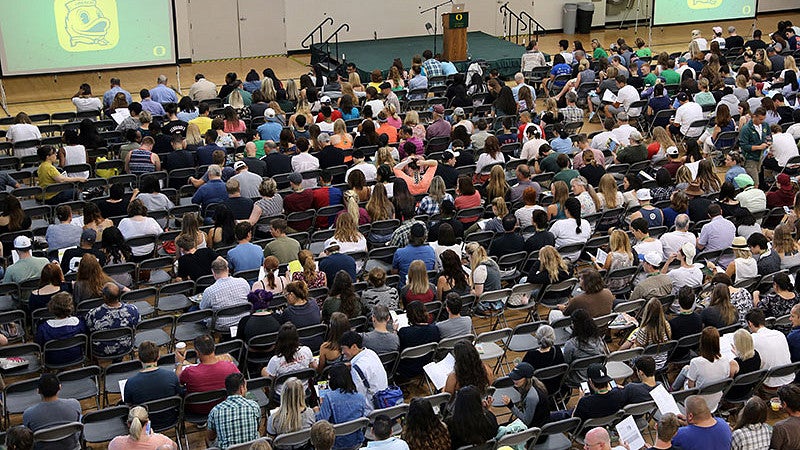 Parents fill seats in auditorium during IntroDUCKtion