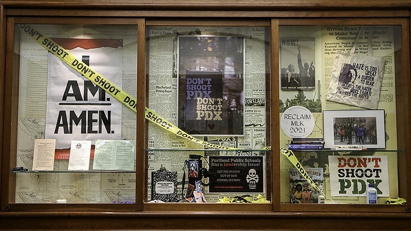 Glass case showing some items in exhibit