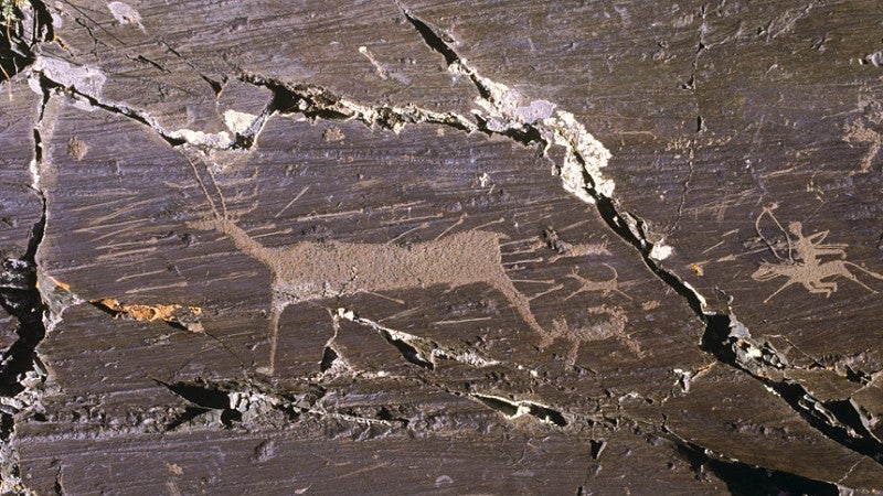 Stone etching of an archer on horseback chasing a stag. Late Bronze Age. Upper Tsagaan Gol. Photo: Gary Tepfer.