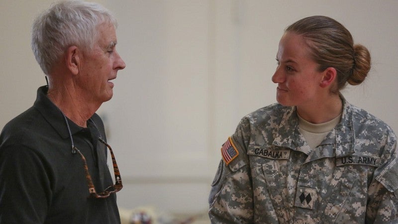 Kennedy speaking with a UO cadet