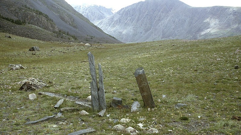 Fallen and standing stones in a broken frame, late Bronze Age or early Iron Age. Upper Tsagaan Gol. Photo: Gary Tepfer.