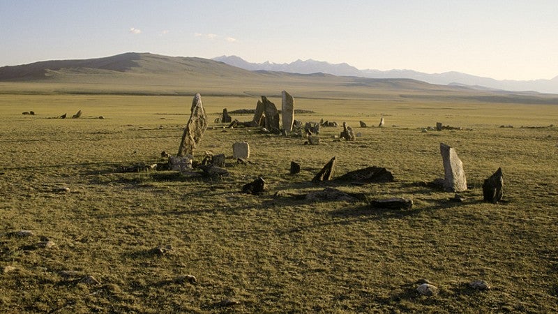 Standing stones, Bronze Age, looking south. Tsagaan Asgat. Photo: Gary Tepfer.