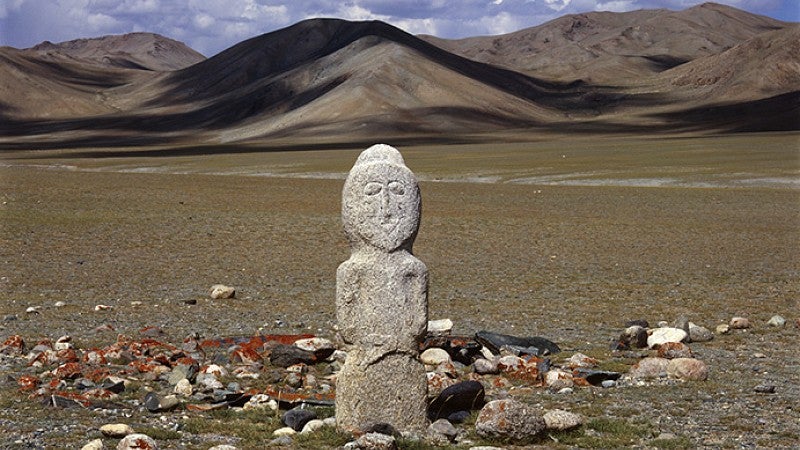 Image stone carved in shape of human, Turkic Period. Mogoitiin Gol. Photo: Gary Tepfer.