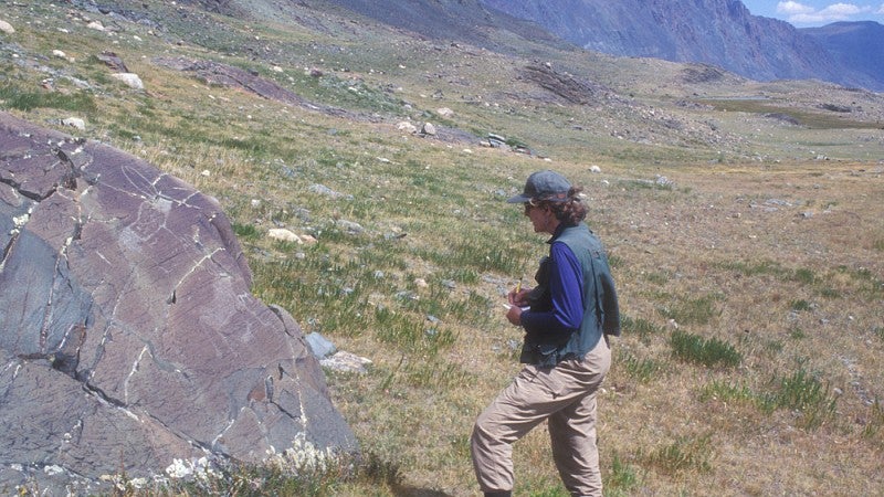 Jacobson-Tepfer recording a pecked surface with large bulls. Bronze Age. Upper Tsagaan Gol. Photo: Gary Tepfer.