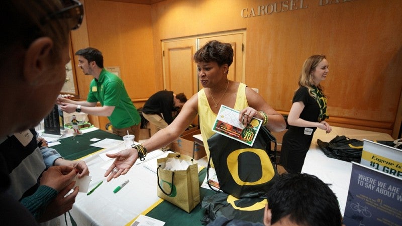 Handing out UO swag