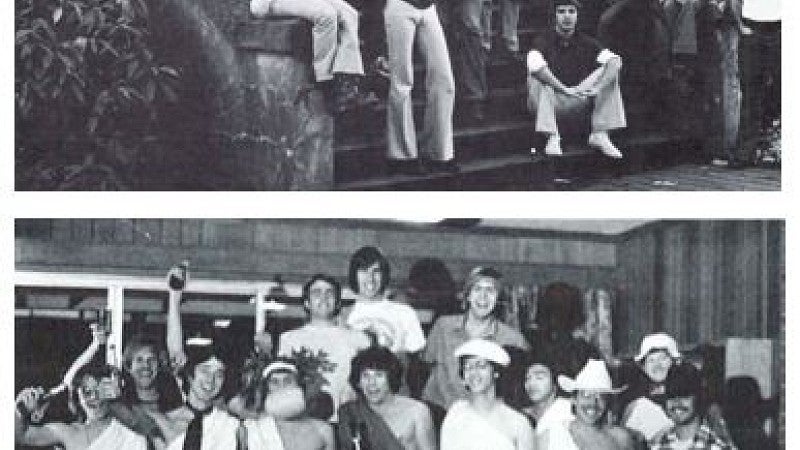 Animal House-ing: the movie would have a big impact on the way students viewed themselves and the college experience. Top: Cloran Hall residents from the Oregana of 1976; the year before Animal House came to campus. Bottom: Cloran Hall residents, 1979.  