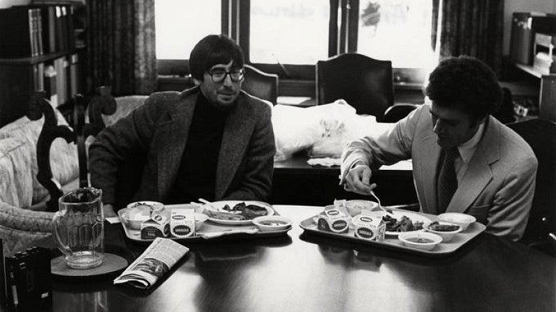 Director John Landis joins President William Beatty Boyd for lunch at his office in Johnson Hall. Boyd insisted that UO not be mentioned anywhere in Animal House. (Photo courtesy of University Archives Photographs, UO Libraries.)