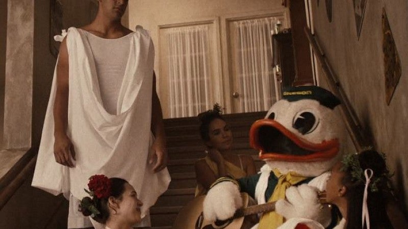 In a sequence from the 2015 Nike-produced “Shout” tribute video, Marcus Mariota put on his best Blutarsky to confront The Oregon Duck about music choices. 