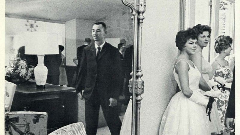 Forget Faber College—what did UO really look like in 1962? This pledge week photo is from the ’62 Oregana yearbook. The movie’s opening sequence takes place at a formal rush event much like this. (Photo courtesy of Scholars Bank.)