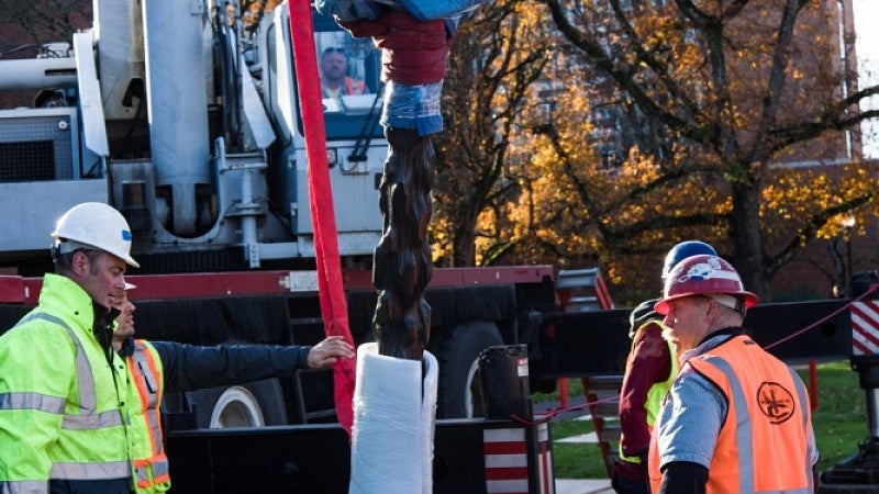 Sculpture being positioned