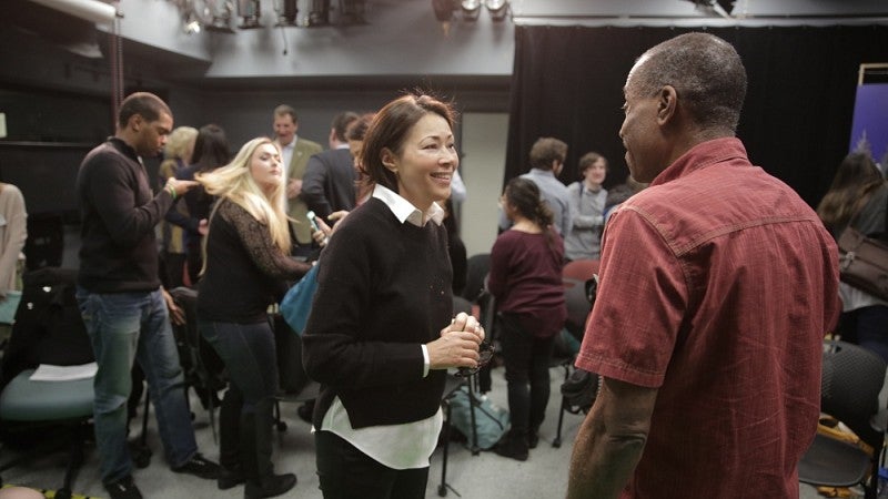 Curry speaking with journalism professor Ed Madison