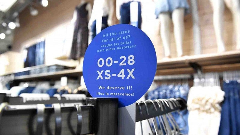 Sign showing size ranges