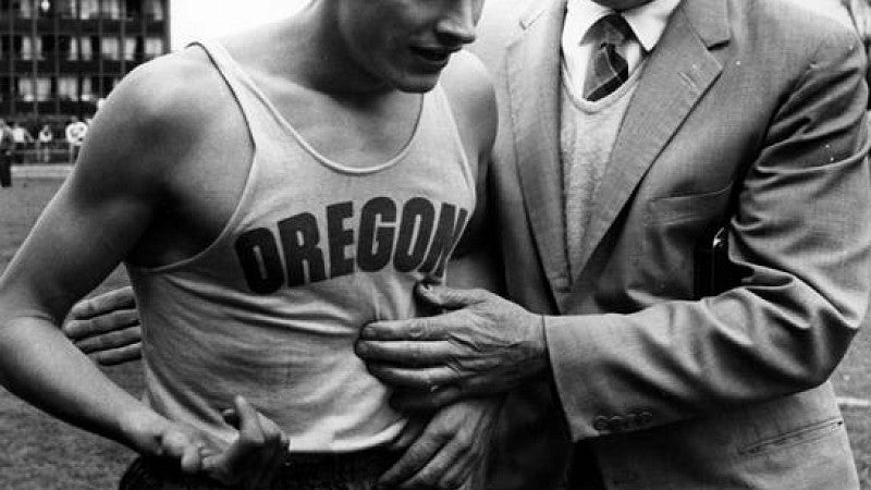 Oregon miler Dyrol Burleson and coach Bill Bowerman