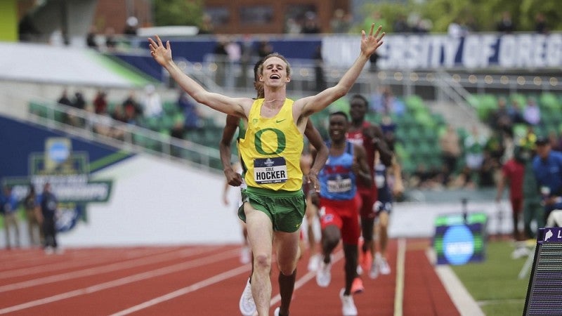 Cole Hocker crossing finish line