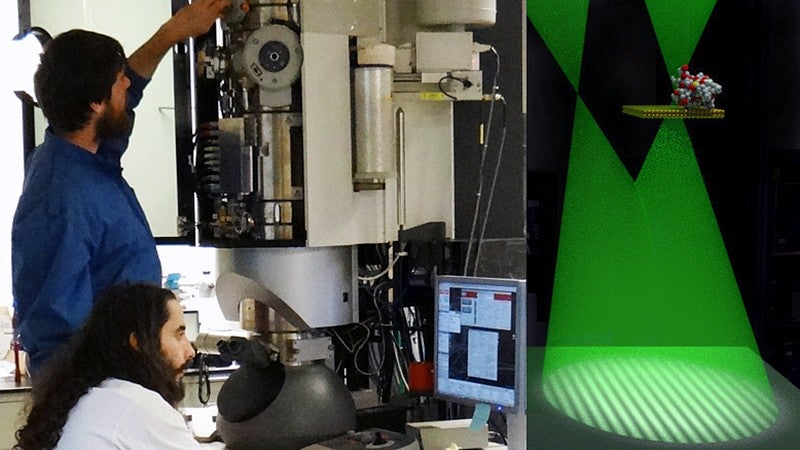 Tyler Harvey and Fehmi Yasin work at the UO’s STEM microscope