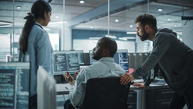 Computer users working at screens