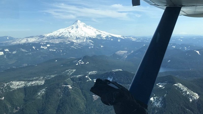 Mt. Hood seen from a small airplane