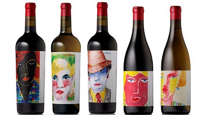 Wine bottles with faces on labels