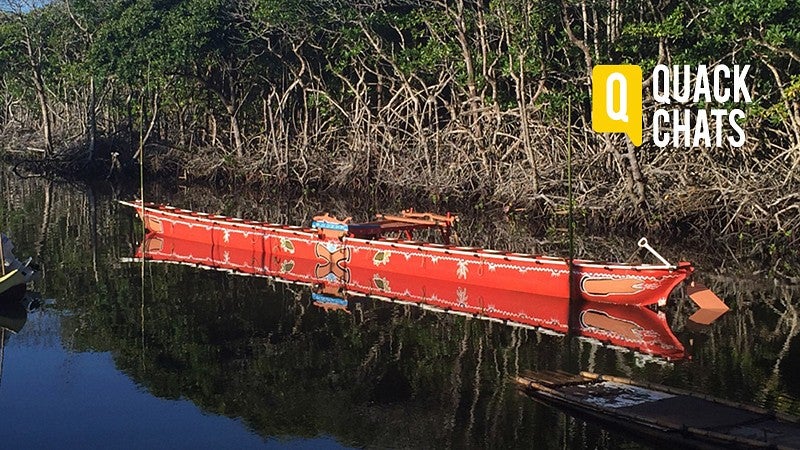 Replica of a Palauan outrigger canoe near a Pacific island