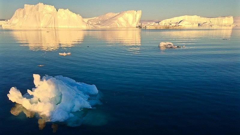 Summertime view of part of Sermilik Fjord in southeast Greenland