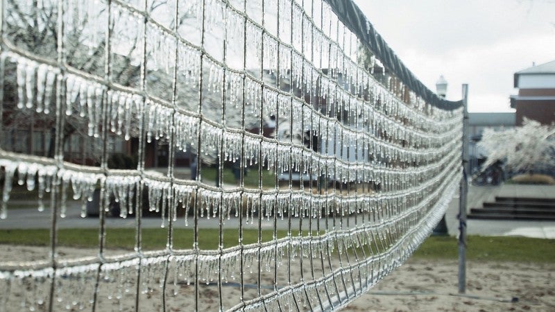 Ice on volleyball net near Carson Hall