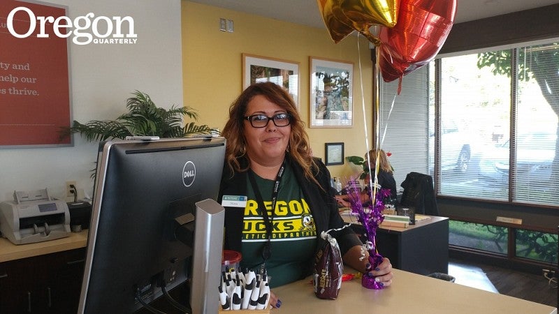 Nina Kerkebane on her last day at work as a loan officer for Northwest Community Credit Union.