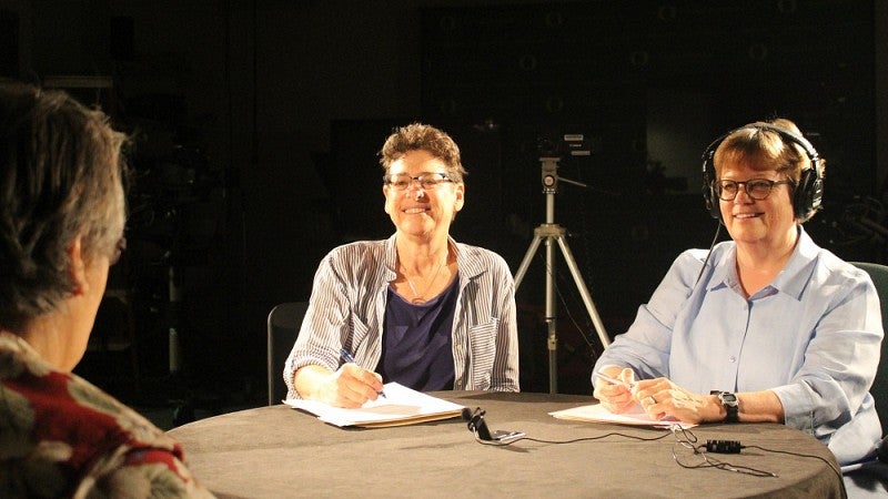 Judith Raiskin (left) and Linda Long doing an interview