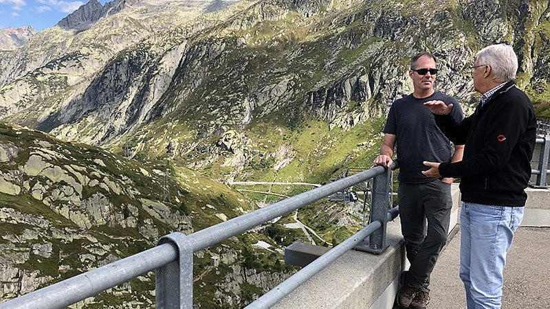 Mark Carey chats with Wilfried Haeberli, a glaciologist at the University of Zurich